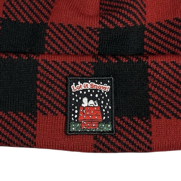 Peanuts Snoopy Beanie Hat Let It Snow LL Bean Red Buffalo Plaid New With Tags - Picture 2 of 7